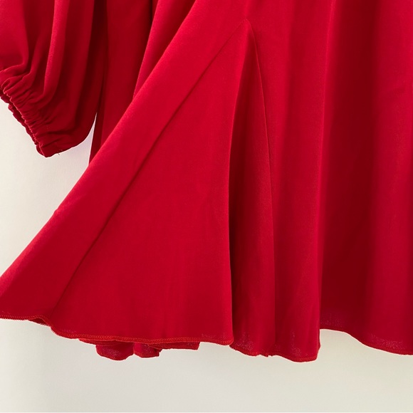 Petite Skater Mini Dress Blouson Long Sleeves Waist Tie Pleated Red 0 - Picture 8 of 16